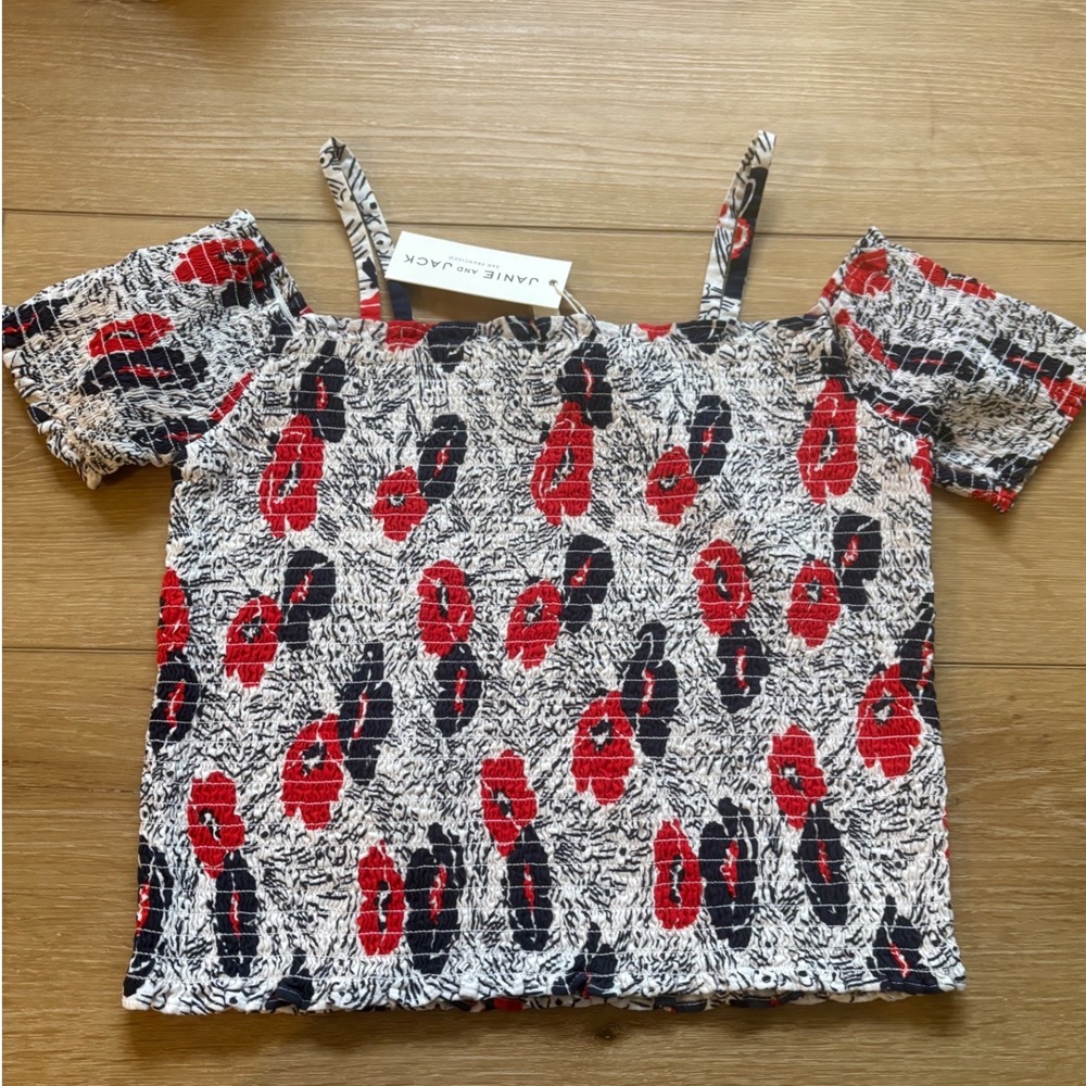 Janie and Jack Girls Size 16 Smocked‎ Floral Off The Shoulder Top Red Navy White